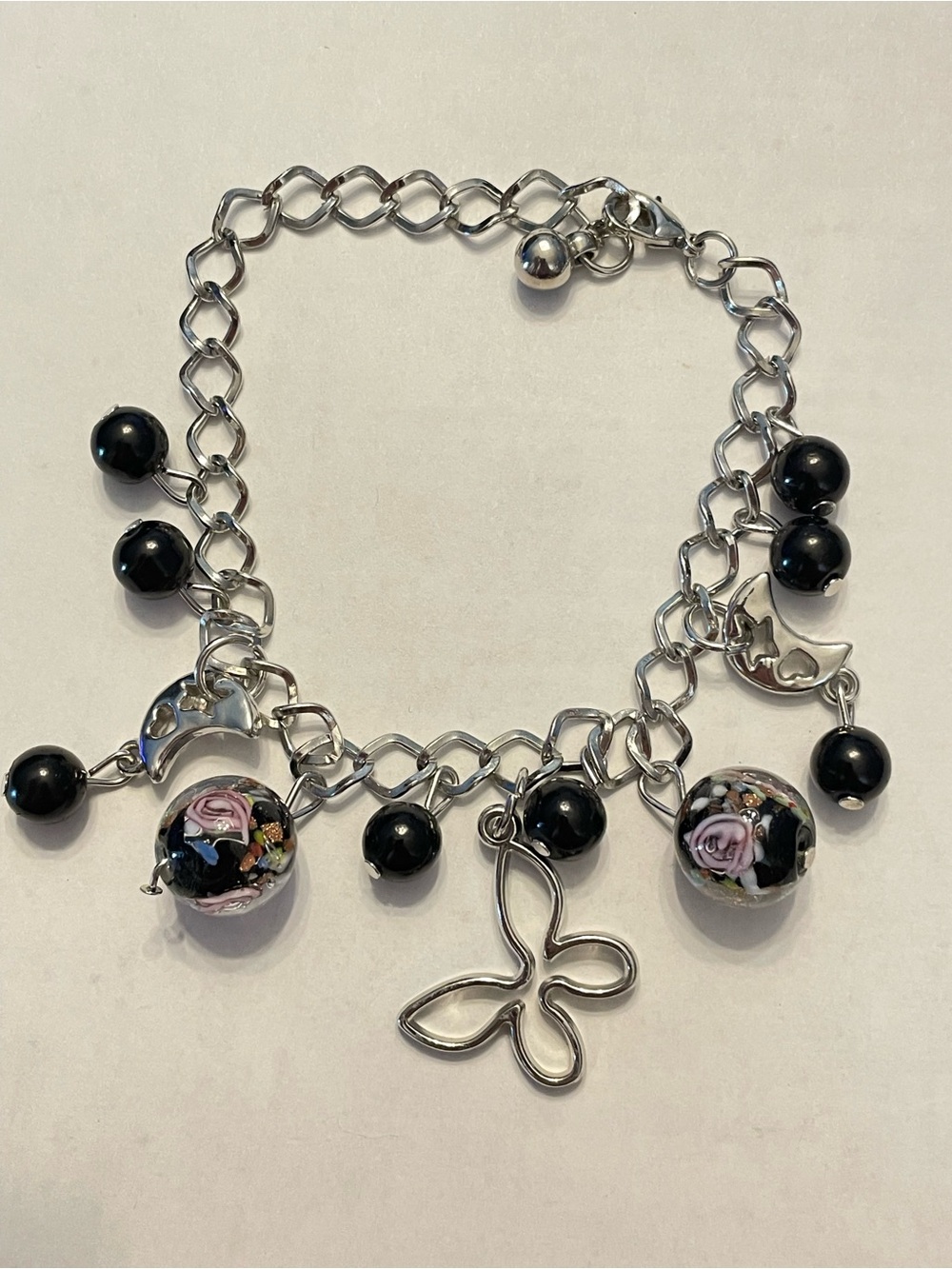 Star Crescent Moon & More Silver Tone Art Glass Charm Cha Cha Bracelet